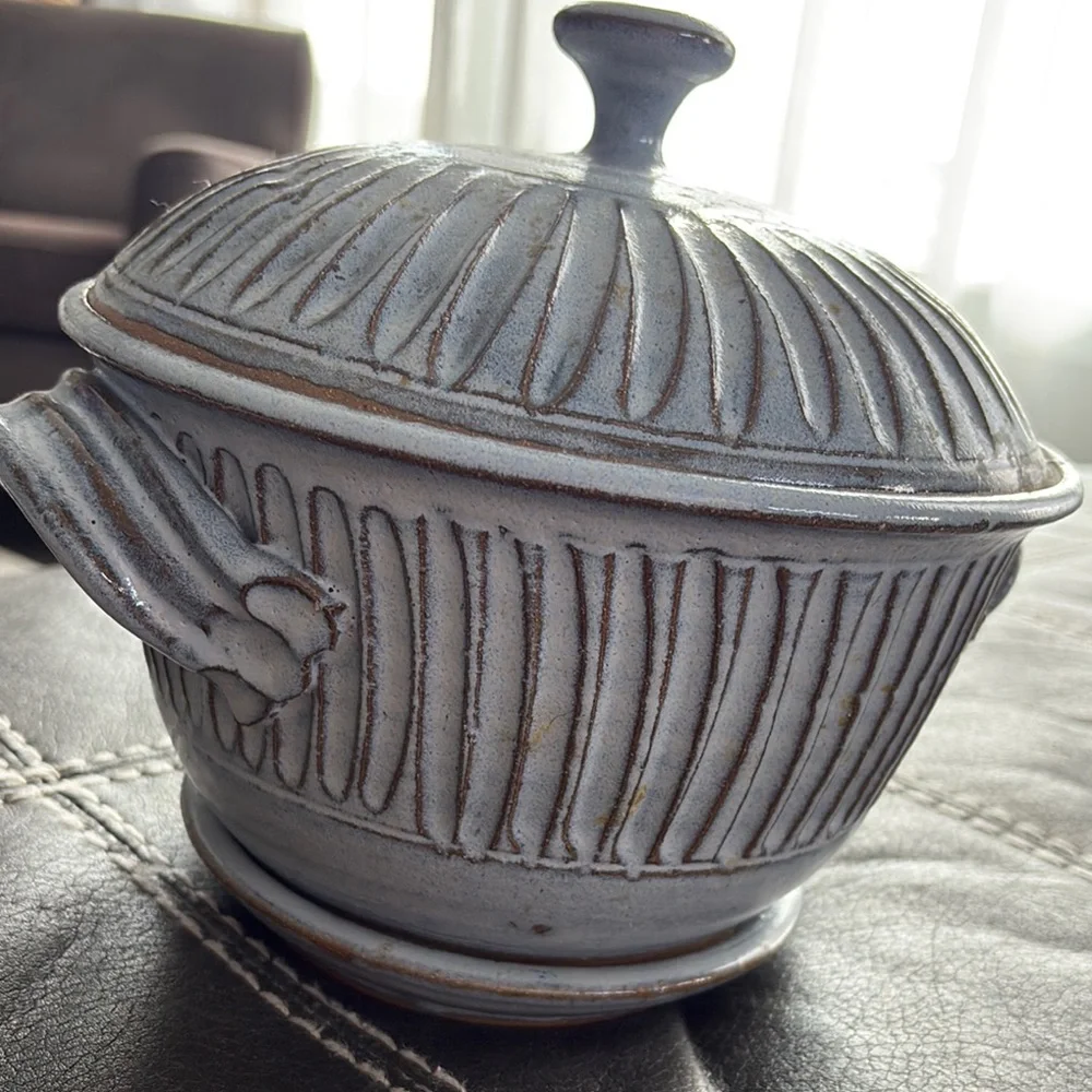 Coburn Blue Gray Handcrafted Pottery Covered Casserole Steamer Bundt Cake Dish